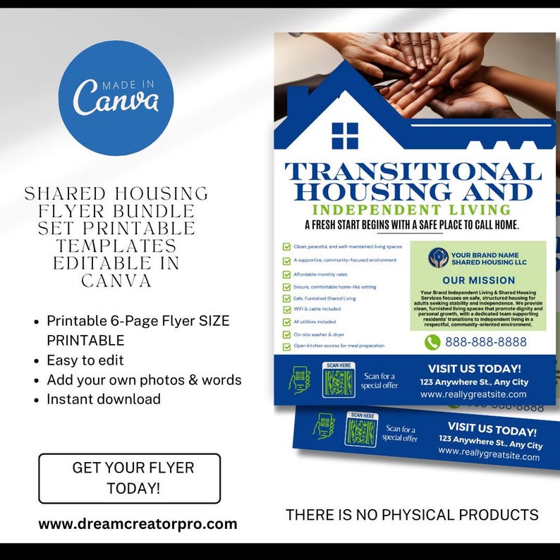Shared Housing & Independent Living Printable Flyer Bundle | Transitional Housing Canva Templates | Reentry, Seniors & Supportive Living
