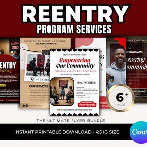 May include: A flyer bundle with the text "Reentry Program Services" in white on a dark red background. The bundle includes six pages of flyers with information about reentry services, including mental health and job readiness.