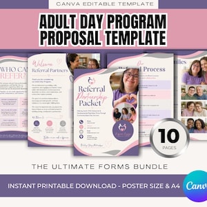 May include: A 10-page Adult Day Program Proposal Template in a Canva editable format. The document features pink and purple accents, text headers like Referral Partnership Packet, and includes photos of people, contact information, and process details.
