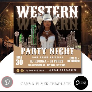 Puede incluir: Un folleto promocional para una fiesta temática del oeste. El diseño presenta a una mujer con sombrero de vaquero blanco y corsé, con un horizonte de la ciudad de fondo. El texto incluye "Western Party Night", la fecha, nombres de DJ y redes sociales.
