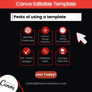 May include: A promotional graphic for Canva templates, set against a black backdrop with red elements. It lists the benefits of using templates, such as monthly freshness, diverse design choices, and time-saving convenience. A white arrow indicates the direction.