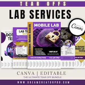 May include: A collection of tear-off flyers with a purple and gold color scheme, advertising lab services. The flyers include information on DNA testing, COVID-19 testing, and DOT drug testing. The text includes "Mobile Lab" and "Made in Canva."