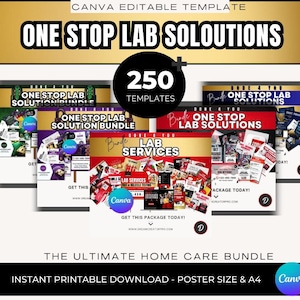 Może przedstawiać: Obraz promocyjny dla edytowalnego pakietu szablonów Canva. Projekt zawiera tekst "ONE STOP LAB SOLOUTIONS" i "250 TEMPLATES". Obraz zawiera kilka makiet szablonów z tekstem "ONE STOP LAB SOLUTION BUNDLE" i "LAB SERVICES".
