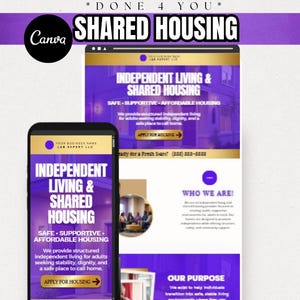 Puede incluir: Un diseño de marketing digital para viviendas compartidas, con un smartphone y una tableta que muestran un sitio web. El tema del sitio web es morado y dorado, con el texto "Independent Living & Shared Housing". El logotipo de Canva está en la esquina superior izquierda.
