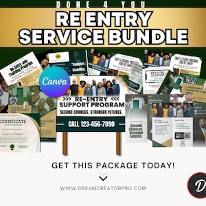 Puede incluir: Un gráfico promocional para un paquete de servicios de reingreso. El diseño presenta varios documentos, incluido un certificado, folletos y un logotipo de Canva. El texto incluye "Paquete de servicios de reingreso", "Programa de apoyo" y un número de teléfono.