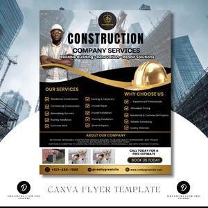 Può includere: Un volantino promozionale per un'impresa edile. Il design presenta un operaio edile, un elmetto dorato e il testo "Construction Company Services". Elenca i servizi e i motivi per scegliere l'azienda, con informazioni di contatto.