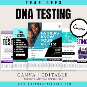 May include: A collection of tear-off flyers with the words "DNA TESTING" in large, bold letters. The flyers offer services like pet DNA, ancestry, and paternity testing. The design includes images of a father and child, and a purple van.