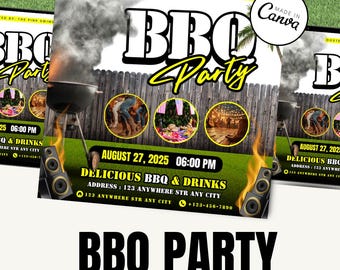 Family BBQ Party Flyer Template – Editable Summer Cookout Invitation / BBQ party Canva template / grill party invitation / picnic flyer