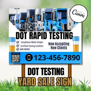 DOT Testing Yard Sign Template | DOT Drug & Alcohol Testing Sign | CDL Compliance Walk-In Testing Editable Canva Design
