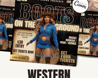 Western Night Party Flyer Template, Party Flyer, club Flyer, Canva Flyer, Event Flyer, digital flyer, motion, Cowgirl Rodeo / Instagram