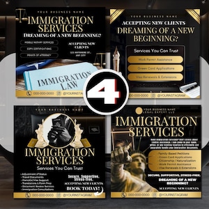 May include: Four promotional flyers for immigration services, featuring a black and gold color scheme. Each flyer highlights different services, including work permits, green card applications, and visa renewals. The flyers include contact information and social media handles.