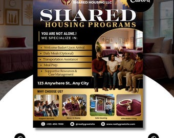 Shared Housing Flyer Template | Affordable Living Canva Flyer | Transitional Room Rental Ad |  Editable Design