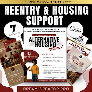 Könnte beinhalten: Flyer Canva Vorlagen für Wiedereingliederung und Wohnungsunterstützung. Das Design zeigt den Text "Reentry & Housing Support" und "Alternative Housing Options". Der Flyer enthält eine Telefonnummer und eine Website-Adresse. Das Bild enthält auch den Text "You deserve a safe place to live!"