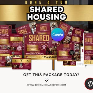 Puede incluir: Un paquete promocional para programas de vivienda compartida. El diseño presenta varios materiales de marketing, incluyendo folletos, un letrero y una pancarta, todo en una combinación de colores burdeos y dorado. El texto incluye "SHARED HOUSING PROGRAMS" e información de contacto.