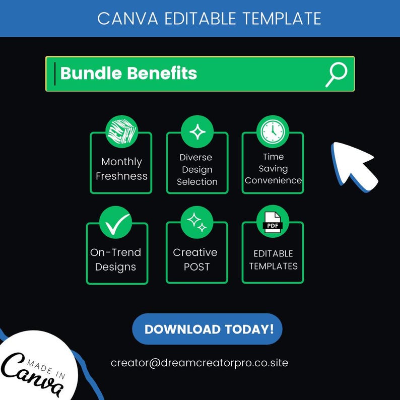 May include: A graphic with the text "CANVA EDITABLE TEMPLATE" and "Bundle Benefits." It features icons representing monthly freshness, diverse design selection, time-saving convenience, on-trend designs, creative posts, and editable templates. A call to action button says "DOWNLOAD TODAY!"