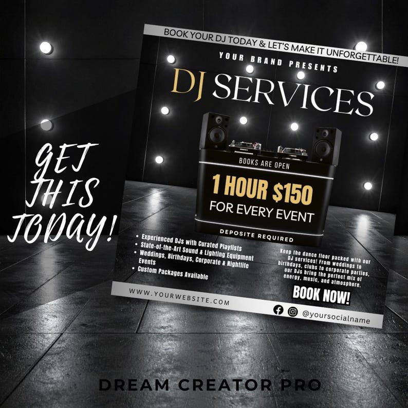 DJ Services Flyer Template | Canva Editable Instagram Post | Party & Wedding DJ Flyer | Nightlife Event Digital Download / dj business flyer