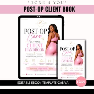 以下が含まれることがあります： ピンクと白のデザインの「Post-Op Client Book」というタイトルのデジタル電子書籍テンプレート。表紙にはピンクの衣装を着た女性が描かれています。「Post-Op Care Service Client Handbook」と「Recover, Rejuvenate, Rise」というテキストが含まれています。