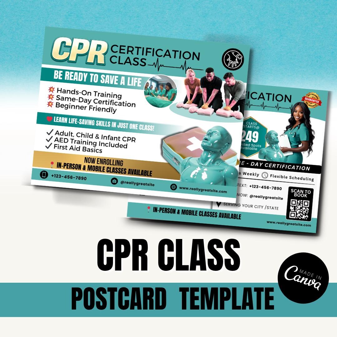 CPR Class Postcard Template | CPR Certification Flyer | Red CPR ...