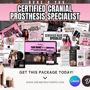 May include: A promotional image with a pink and white color scheme, featuring the text "CERTIFIED CRANIAL PROSTHESIS SPECIALIST." The image includes various marketing materials, such as brochures, a laptop, and a phone, all promoting cranial prosthesis services. The phrase "GET THIS PACKAGE TODAY!" is also visible.