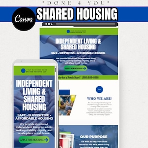 Plantilla de sitio web de vivienda compartida para vida independiente/Sitio web editable de Canva para vivienda de transición, reinserción y servicios de apoyo