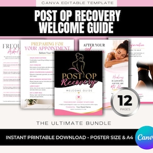 Könnte beinhalten: Ein 12-seitiges Canva-Vorlagenpaket für einen Post-Op-Genesungs-Willkommensleitfaden. Das Dokument verwendet schwarze, weiße und rosa Farbschemata mit Texten wie Post Op Recovery Welcome Guide, Preparing For Your Appointment und Frequently Asked Questions.