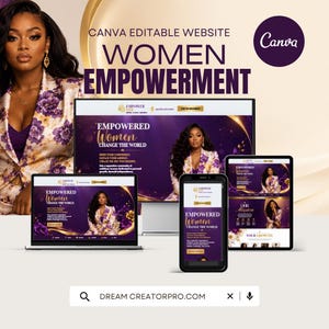 Puede incluir: Una plantilla de sitio web editable de Canva para el empoderamiento femenino con tonos morados y dorados. El diseño muestra a una persona con blazer floral, el texto "EMPOWERED WOMEN CHANGE THE WORLD" y una barra de búsqueda "DREAMCREATORPRO.COM".