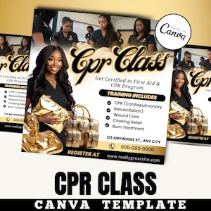 May include: A promotional flyer for a CPR class, featuring a woman holding a gold clutch and a gold statue. The flyer includes the text "CPR Class" and details about the training, such as CPR, Resuscitation, Wound Care, Choking Relief, and Burn Treatment.