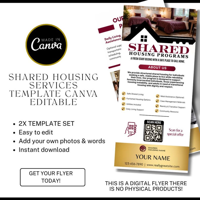 Shared Housing Rack Card Template | Independent Living & Reentry Housing Canva Marketing Card Design