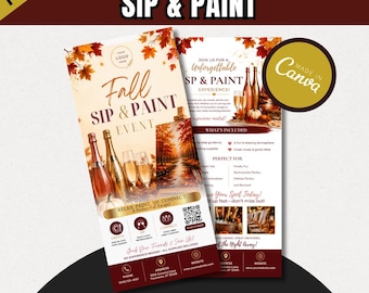 Fall Paint & Sip Rack Card Template | Autumn Paint Party Flyer | Canva Editable Paint Night Marketing | Wine Event Rack Card