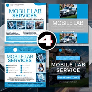 Peut inclure: Quatre images promotionnelles pour un service de laboratoire mobile, avec un van argenté. Les images ont une palette de couleurs bleue et blanche et incluent du texte tel que "Mobile Lab Services" et "Get Tested Today!"