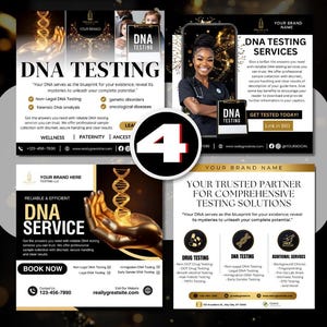 May include: Four promotional flyers for DNA testing services. The flyers feature text such as "DNA Testing" and "DNA Service." One flyer shows a woman in a lab coat. The flyers have a black, white, and gold color scheme.