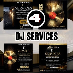 May include: Four promotional flyers for DJ services, featuring a gold vinyl record design on a black background. The flyers include text such as "DJ Services" and "Book Now!" with contact information.