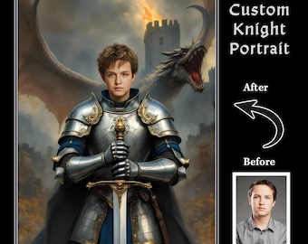 Custom Knight Portrait with Dragon - Personalized Boy Fantasy Warrior Art - Nursery Decor
