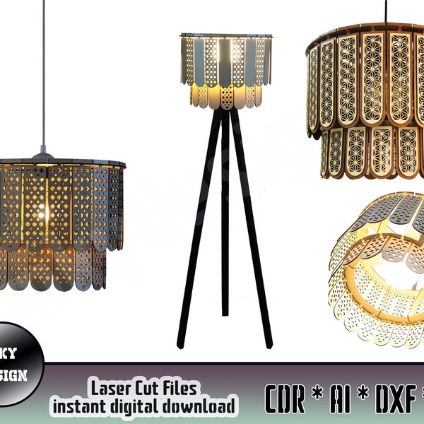 Modern Wood Pendant Light  and Floor Lamp Digital Laser Cut Files SVG, DXF, CDR, Ai