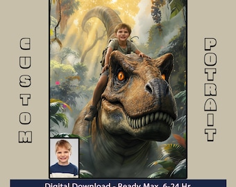 Personalized Dinosaur Kid Portrait from Photo Jurassic Adventure Ride Art