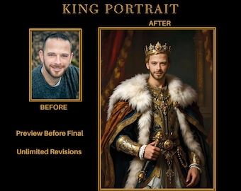 Custom King Portrait from Photo, Renaissance Royal Man Digital Artwork