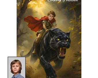 Custom Kid Portrait Riding a Lion - Personalized Boy Hero Adventure Art - Nursery Wall Decor