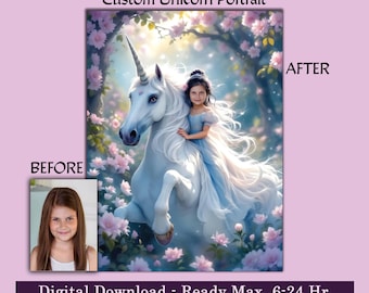 Custom Unicorn Girl Portrait from Photo Fairytale Princess Garden Art