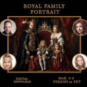 Op de afbeelding: Een digitale download van een koninklijk familieportret. De afbeelding toont een koninklijke familie in sierlijke kledij, tegen een achtergrond van rijke rode gordijnen en een gouden troon. De tekst "ROYAL FAMILY PORTRAIT" staat bovenaan.