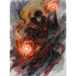 Könnte beinhalten: Ein digitales Aquarellgemälde einer Figur in einem rot-schwarzen Kapuzenmantel, die zwei glühende Feuerkugeln hält. Der Hintergrund ist eine Mischung aus Grau und Gold, mit einem kreisförmigen Design hinter der Figur. Die Figur hat dunkles Haar und rote Augen.