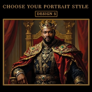 May include: A portrait of a person wearing a gold crown and a red and gold robe, sitting on a throne. The person has a serious expression on their face. The background is a dark red curtain.