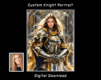 Personalized Lady Knight Portrait – Custom Medieval Heroine Watercolor Style Artwork