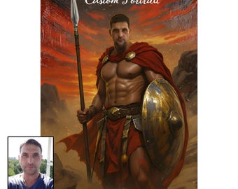 Custom Spartan Warrior Portrait, Personalized Greek Warrior Art, Gladiator Style Illustration
