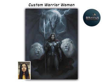 Custom Warrior Woman With Lions Portrait, Personalized Fantasy Queen Art