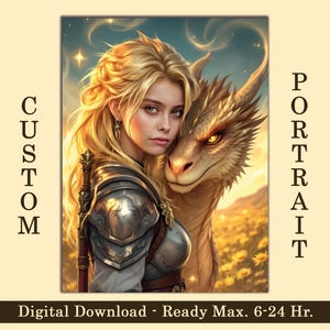 Personalized Warrior Woman and Dragon Portrait: Custom Fantasy Art (Digital Download)
