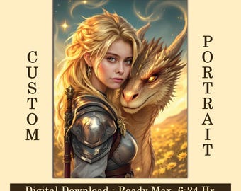 Personalized Warrior Woman and Dragon Portrait: Custom Fantasy Art (Digital Download)