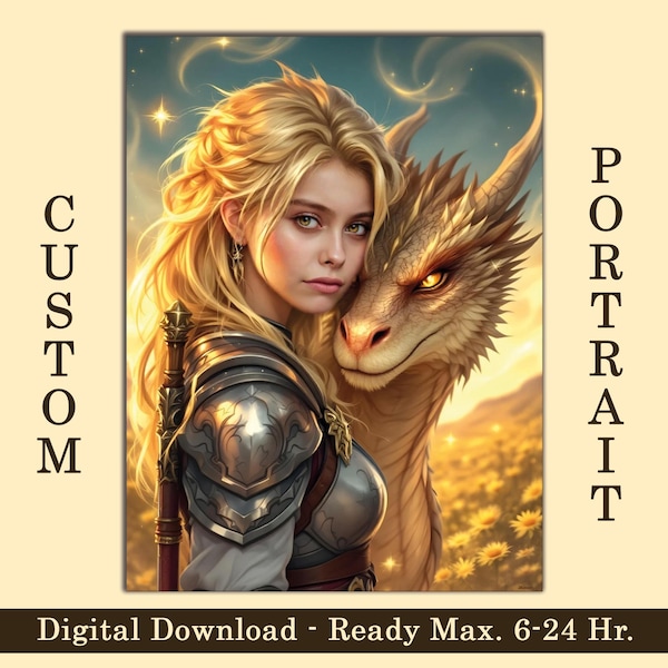 Personalized Warrior Woman and Dragon Portrait: Custom Fantasy Art (Digital Download)