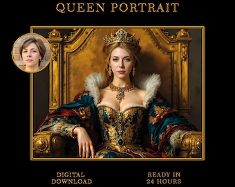 Custom Queen Portrait from Photo, Renaissance Royal Scene, Personalized Woman Art Gift