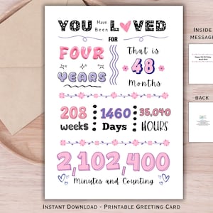 4th Birthday Card for Baby Girl | You Have Been Loved for 4 Years | Cute Printable Milestone Card | Cute Girl Pink Purple Birthday Card