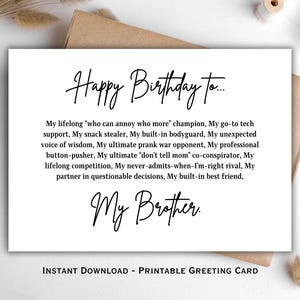 Bruder Geburtstagskarte, druckbare Karte für Bruder, lustige Sentimental Geschenk für Bruder, Sofort Download, alles Gute zum Geburtstag Bruder